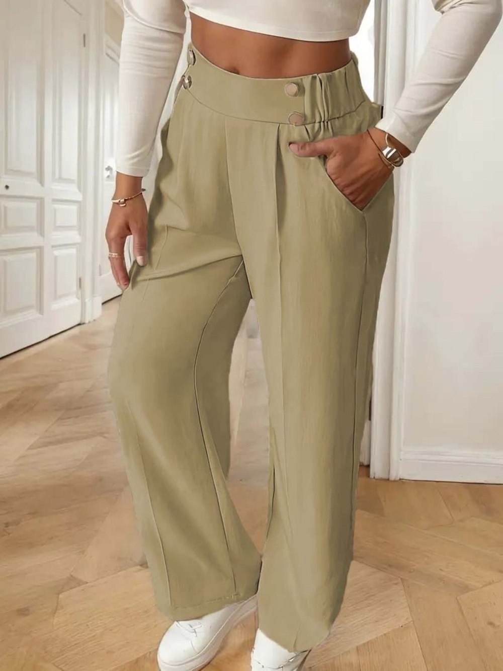 High-Rise Wide Leg Pants in Khaki with Button Detail